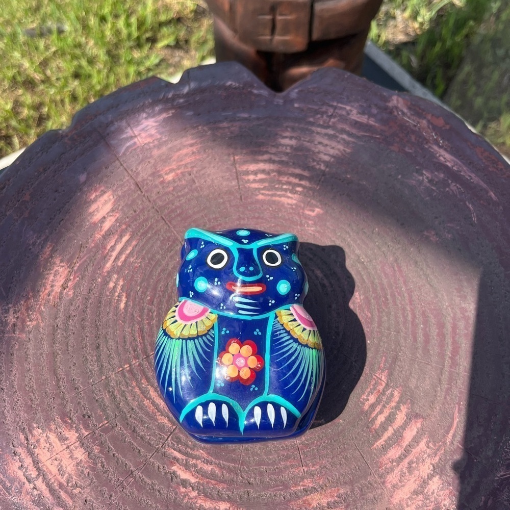 Folk Art Owl Trinket Dish w/Lid Made in Mexico Glazed Pottery Hand Painted Vivid